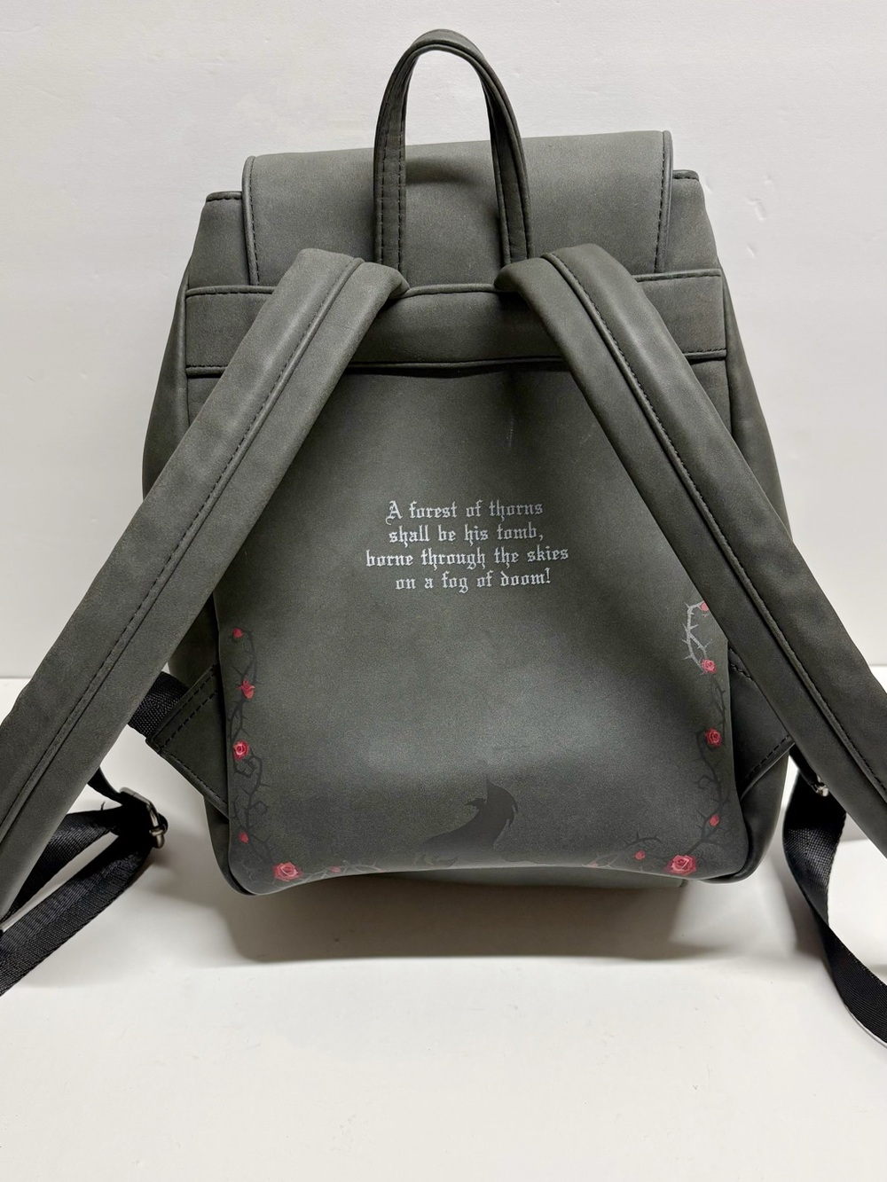 Disney Gray Floral Castle Drawstring Backpack with Red Rose Embroidery - Picture 4 of 9